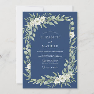 Navy Blue Verdant Bloom Wedding Invitation