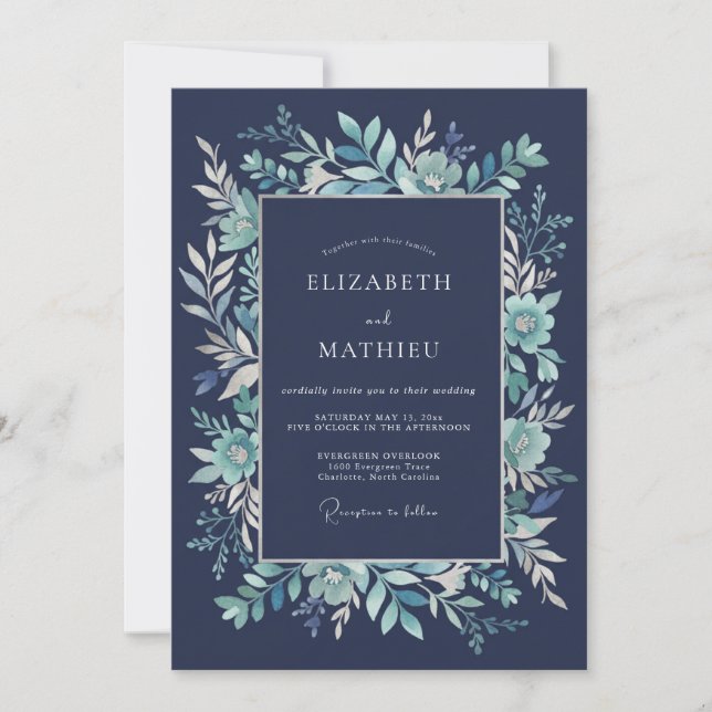 Navy Blue Verdant Floral Wedding Invitation (Front)