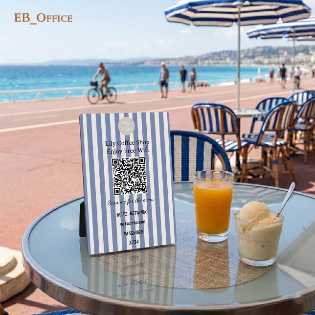 Navy Blue Vertical Stripes QR Code Wifi Pedestal  Plaque (Modern Navy Blue Vertical Stripes
QR Code Wifi-Fi Plaque
5” X 7”
)
