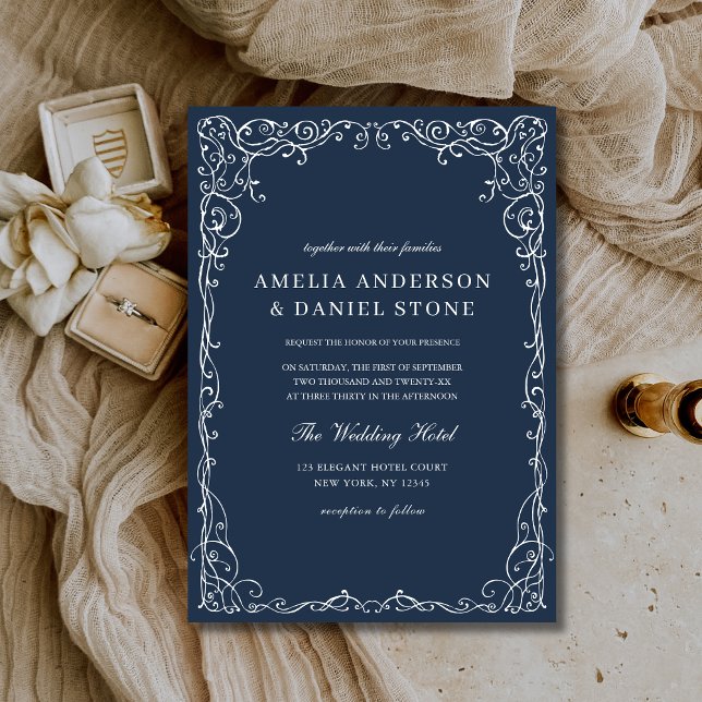 Navy Blue Victorian Minimalist Elegant Wedding Invitation (Creator Uploaded)