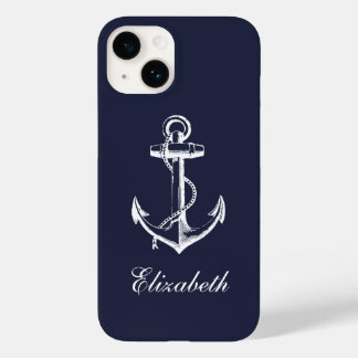 Navy Blue Vintage Anchor Monogram Case-Mate iPhone 14 Case