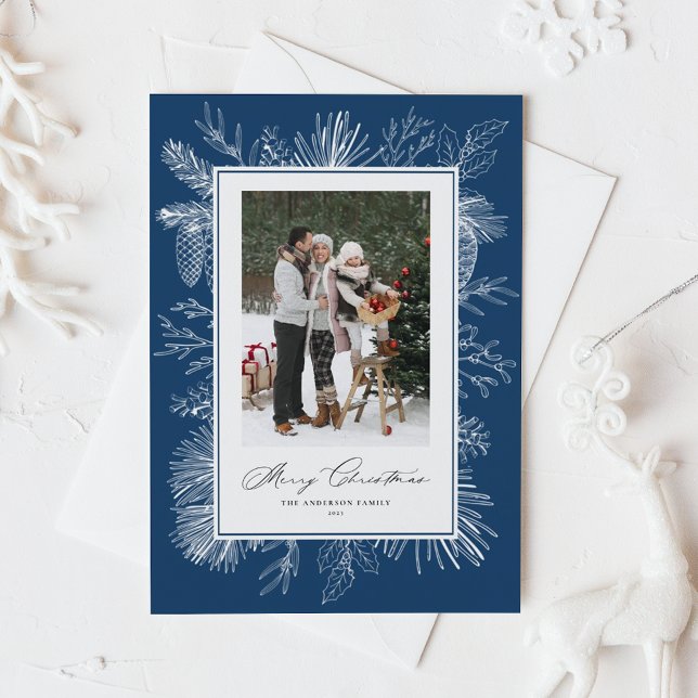 Navy Blue Vintage Botanical Christmas Photo Holiday Card (Creator Uploaded)