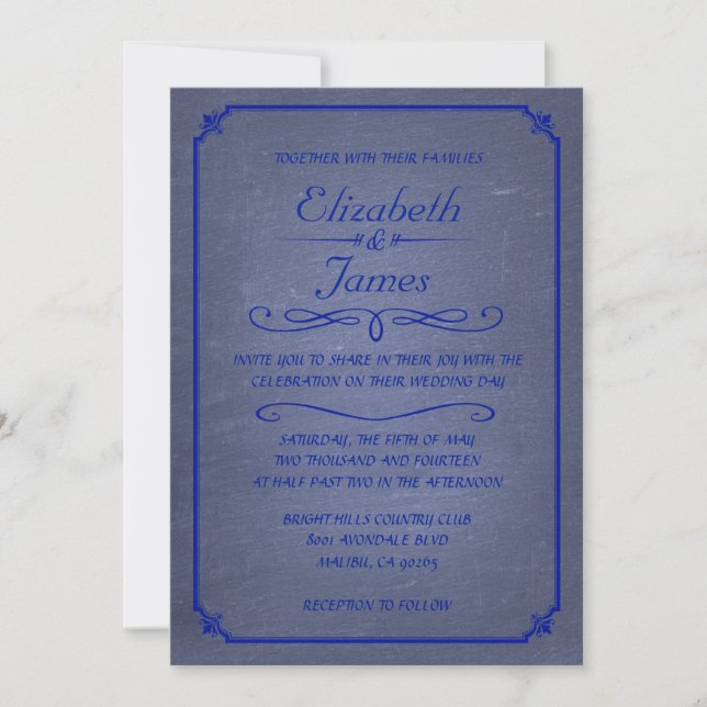 Navy Blue Vintage Chalkboard Wedding Invitations (Front)