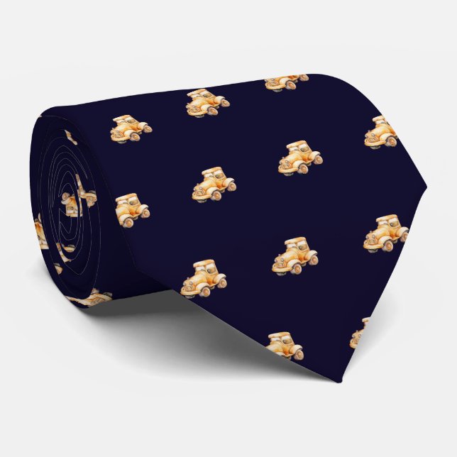 Navy Blue Vintage Child's Car Toy Pattern Tie (Rolled)