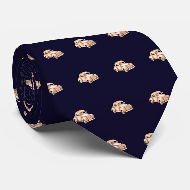 Navy Blue Vintage Child's Car Toy Pattern Tie (Rolled)