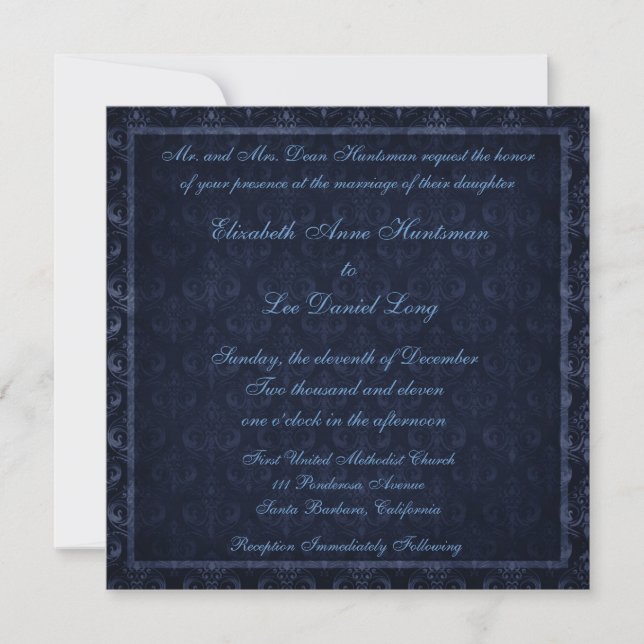 Navy Blue Vintage Damask Wedding Invitation (Front)