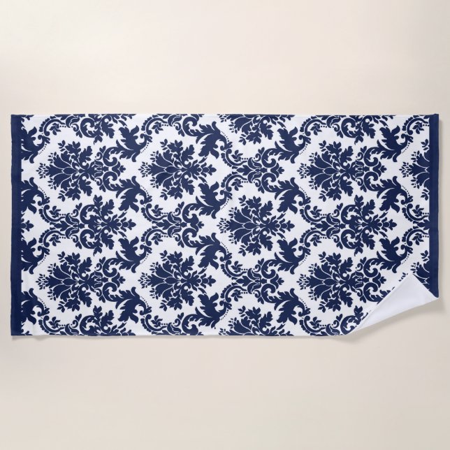 Navy-blue vintage damasks beach towel (Front)