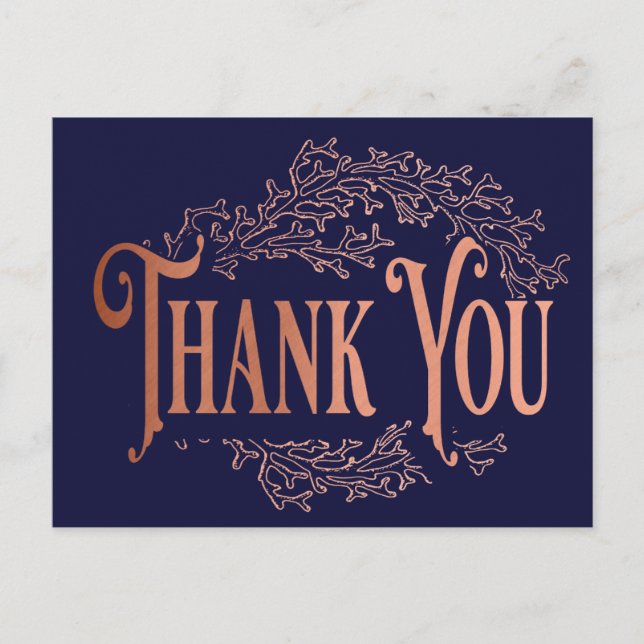 Navy Blue Vintage Elegant Copper Thank You Postcard (Front)