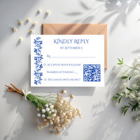 Navy blue vintage floral border wedding qr
