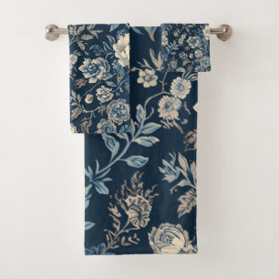 Navy Blue Vintage Floral Botanical Pattern Bath Towel Set