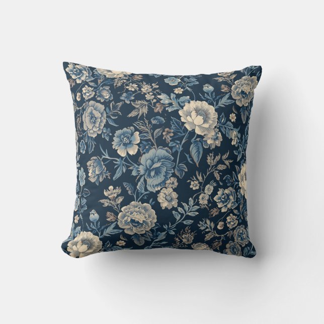 Navy Blue Vintage Floral Botanical Pattern Cushion (Front)