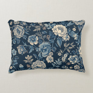 Navy Blue Vintage Floral Botanical Pattern Decorative Cushion