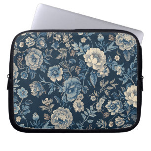 Navy Blue Vintage Floral Botanical Pattern Laptop Sleeve