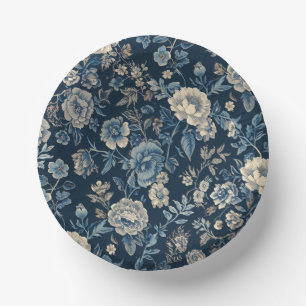 Navy Blue Vintage Floral Botanical Pattern Paper Plate