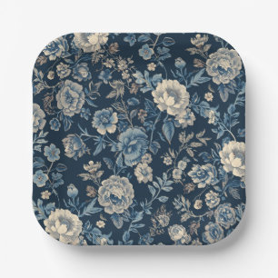 Navy Blue Vintage Floral Botanical Pattern Paper Plate