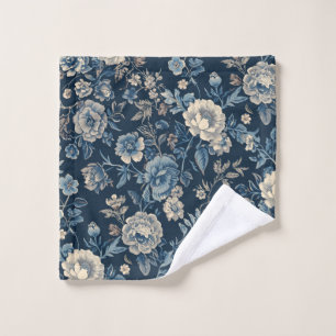 Navy Blue Vintage Floral Botanical Pattern Wash Cloth