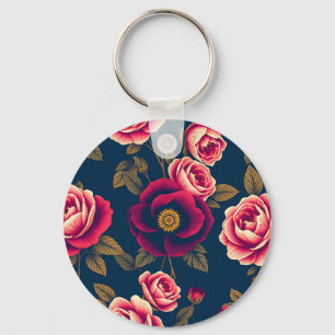 Navy Blue Vintage Floral Coral Roses Gold Leaves  Key Ring