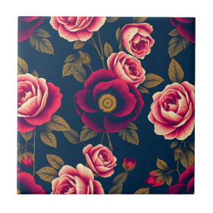 Navy Blue Vintage Floral Coral Roses Gold Leaves  Tile