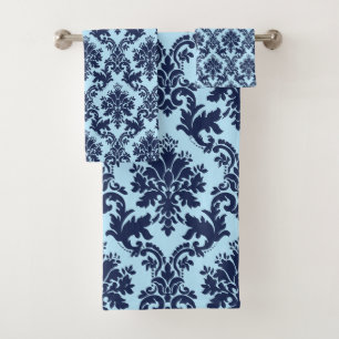 Navy blue vintage floral damasks on light blue bath towel set