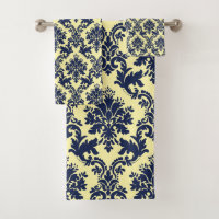 Navy blue vintage floral damasks on light yellow