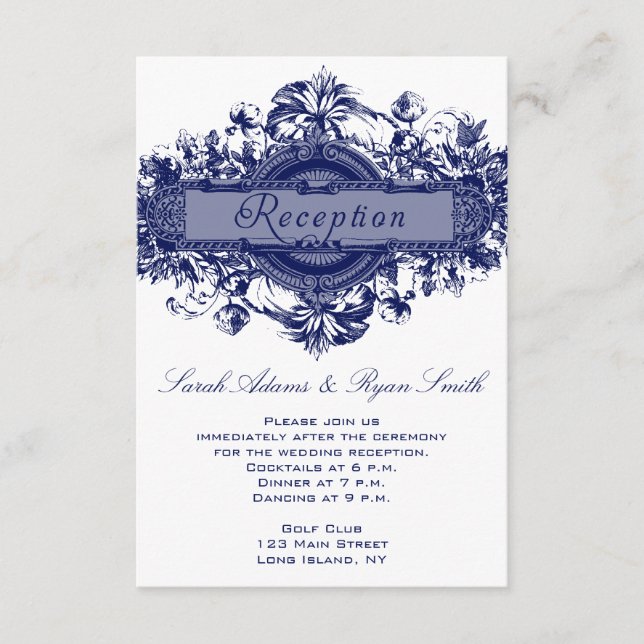 NAVY BLUE VINTAGE FLORAL WEDDING RECEPTION CARDS (Front)