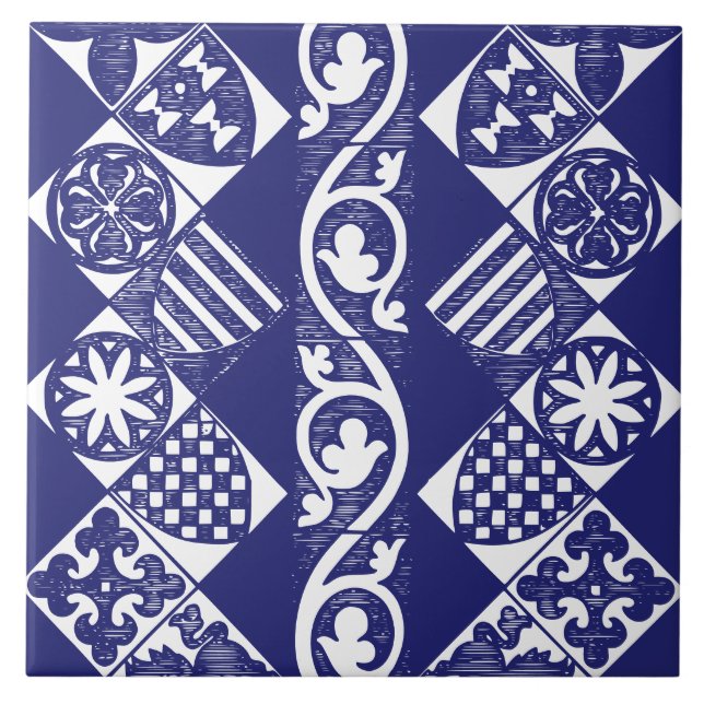 Navy Blue Vintage Geometric Traditional Gothic Tile (Front)