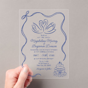 Navy Blue Vintage Hand Drawn Swans Ribbon Wedding Acrylic Invitations