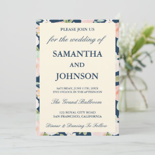 Navy Blue Vintage Ivory Floral Photo Wedding Invitation
