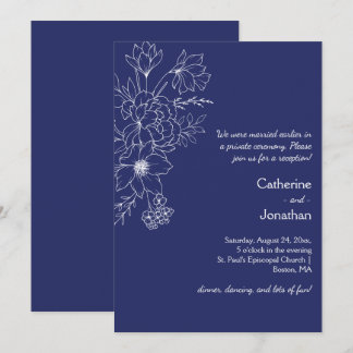 Navy Blue Vintage Line Drawn Floral Reception Invitation
