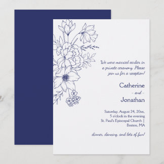 Navy Blue Vintage Line Drawn Floral Reception Invitation