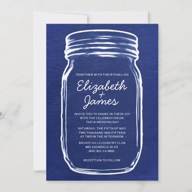 Navy Blue Vintage Mason Jar Wedding Invitations (Front)