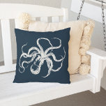 Navy Blue Vintage Octopus Outdoor Cushion<br><div class="desc">Add vintage nautical style to your patio,  boat or pool area with our outdoor throw pillow in rich navy blue,  featuring an off white vintage etched style octopus illustration.</div>