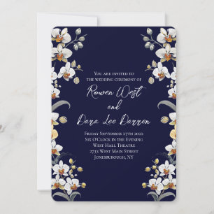 Navy Blue Vintage Orchids Floral Wedding Invitation