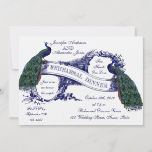 Navy Blue Vintage Peacocks Rehearsal Dinner Invitation