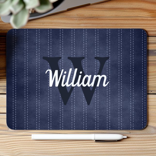 Navy Blue Vintage Pinstripe Retro Monogram Mouse Pad (Creator Uploaded)