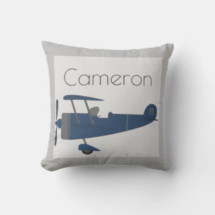 Navy Blue Vintage Plane Boy's Custom Name Cushion