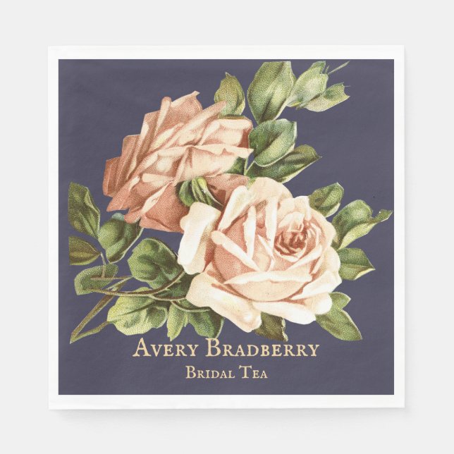 Navy Blue Vintage Rose Bridal Tea Napkin (Front)