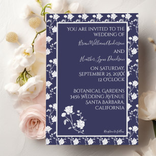 Navy Blue Vintage Rose Wedding Invitation