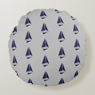 Navy Blue Vintage Sailboat Round Pillow