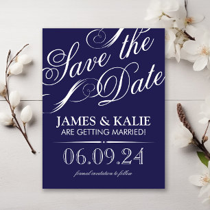 Navy Blue Vintage Script Save the Date Announcement Postcard