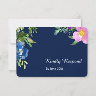 Navy Blue Violet Modern Floral Wedding RSVP Card