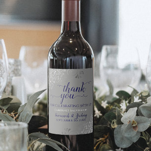 Navy Blue w/ Silver Frills Grey Wedding Thank You Wine Label