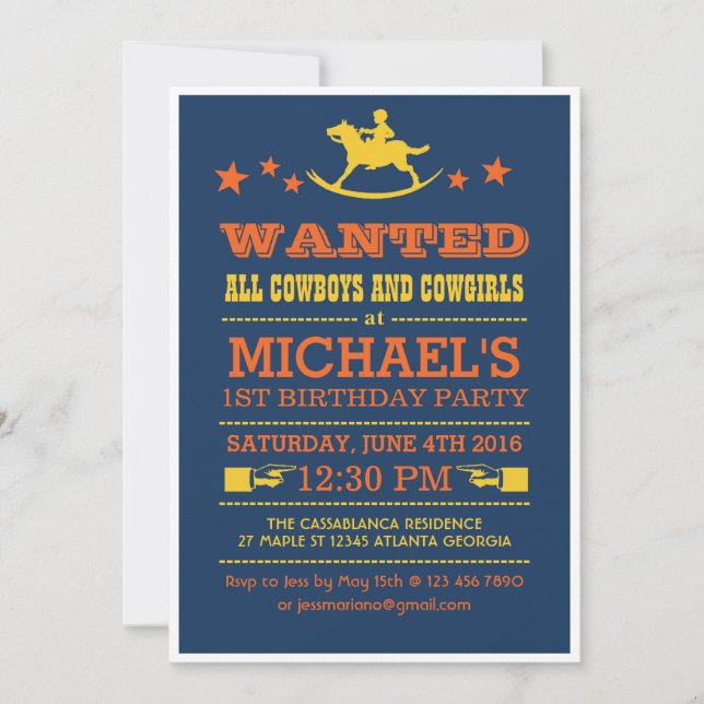 Navy Blue Wanted Western Cowboy Invitation (Front)