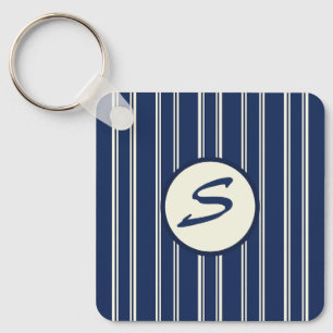 Navy Blue Warm Ivory Classic Elegant Stripes Key Ring