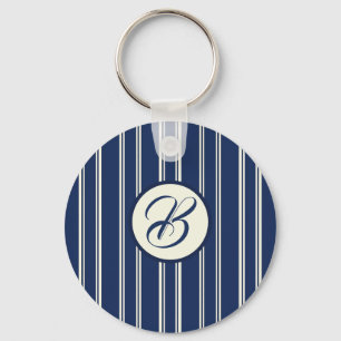 Navy Blue Warm Ivory Classic Elegant Stripes Key Ring