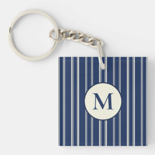 Navy Blue Warm Ivory Classic Elegant Stripes Key Ring