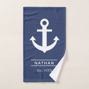 Navy Blue Washed Anchor Custom Monogram Name  Hand Towel