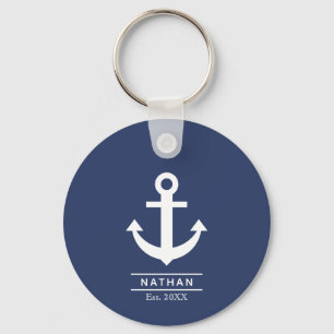 Navy Blue Washed Anchor Custom Monogram Name  Key Ring