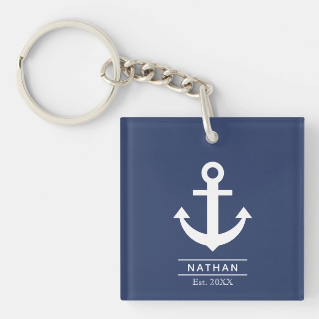 Navy Blue Washed Anchor Custom Monogram Name  Key Ring (Front)
