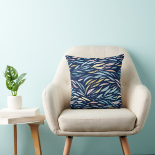 Navy Blue Watercolor Abstract Art Leaf Pattern Cushion